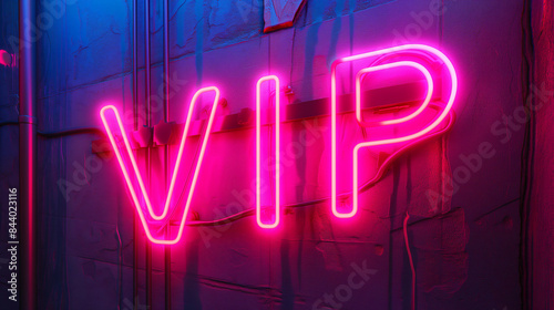 A close-up shot of a pink neon VIP sign mounted on a brick wall. The sign glows brightly against a dark blue background
