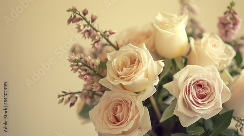 beautiful bouquet of cream roses and pink aquilegias sits in a vase on top of an empty table
