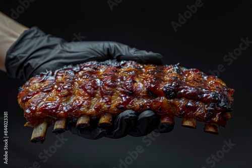 Gloved Hand Holding Glazed Ribs photo