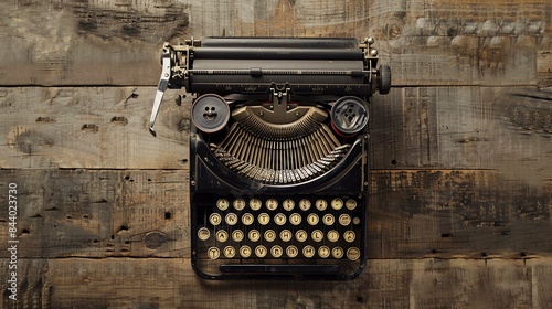 This is a photo of a vintage typewriter on a wooden background. The typewriter is black and has a beige keyboard.