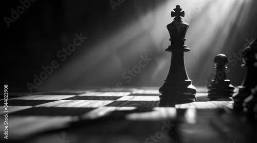 Black and white photo of chess pieces on a chessboard
