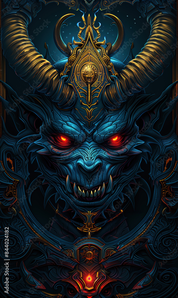 demon king with horns, red eyes and dark blue skin, dark fantasy demon king with horns, red eyes and dark blue skin, dark fantasy