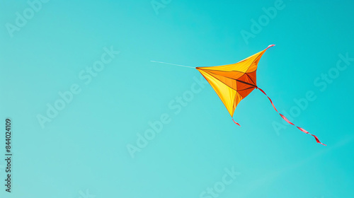 Bright yellow kite with a red tail flying high in the clear blue sky.