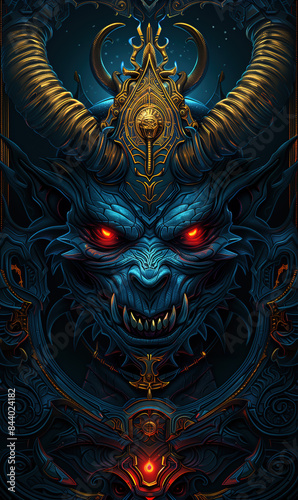 demon king with horns, red eyes and dark blue skin, dark fantasy