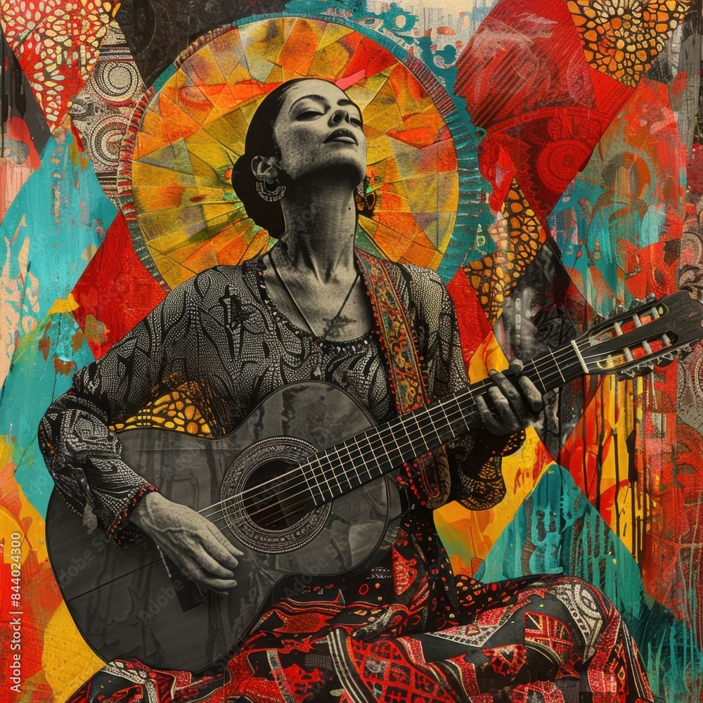 Obraz premium Portuguese Guitarist Performing Fado Art Collage