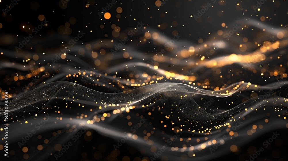Black background, black and gold abstract lines of flowing smoke, with small golden dots scattered on the surface. Black background, black and gold abstract lines of flowing smoke, with small golden dots scattered on the surface.