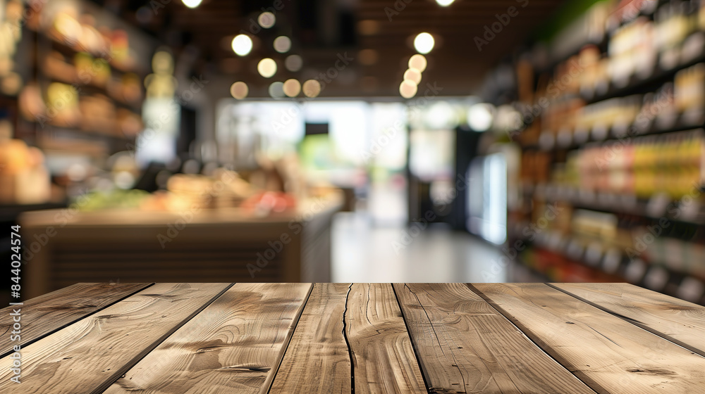 Empty wooden table top with blurred background of a coffee shop or supermarket interior for product display Empty wooden table top with blurred background of a coffee shop or supermarket interior for product display