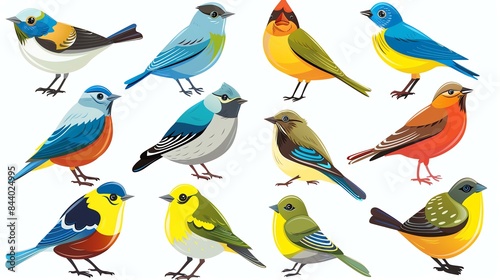 A set of twelve colorful bird illustrations. The birds are all different species and are drawn in a realistic style.