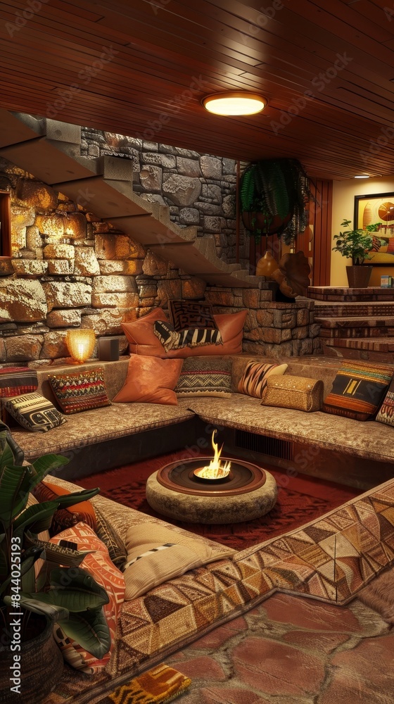 Retro 1970s Cozy Living Room with Sunken Conversation Pit - Ultra High Quality Concept Art of Nostalgic Interior Design Retro 1970s Cozy Living Room with Sunken Conversation Pit - Ultra High Quality Concept Art of Nostalgic Interior Design