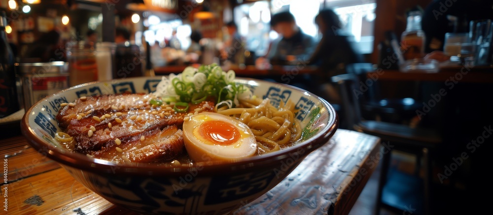 Obraz premium Authentic Japanese Ramen Bowl with Pork, Soft-Boiled Eggs, and Fresh Vegetables in Cozy Restaurant 
