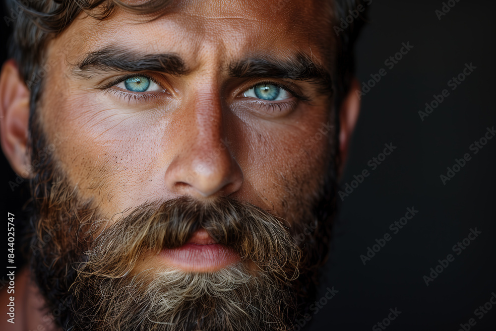 Obraz premium Portrait serious brunette man with beard against black background