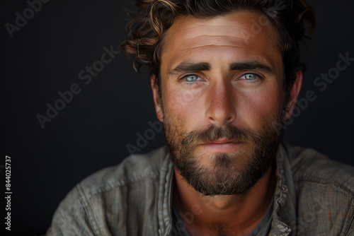 Portrait serious brunette man with beard against black background