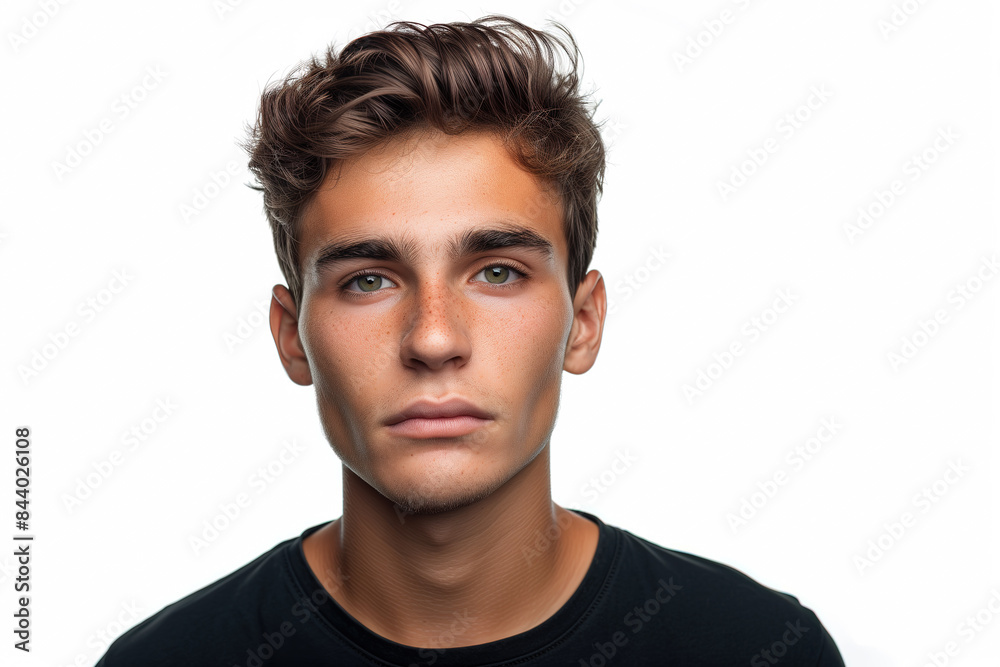 young man looking at the camera. Isolated on white background. serious face, wearing a black T-shirt young man looking at the camera. Isolated on white background. serious face, wearing a black T-shirt