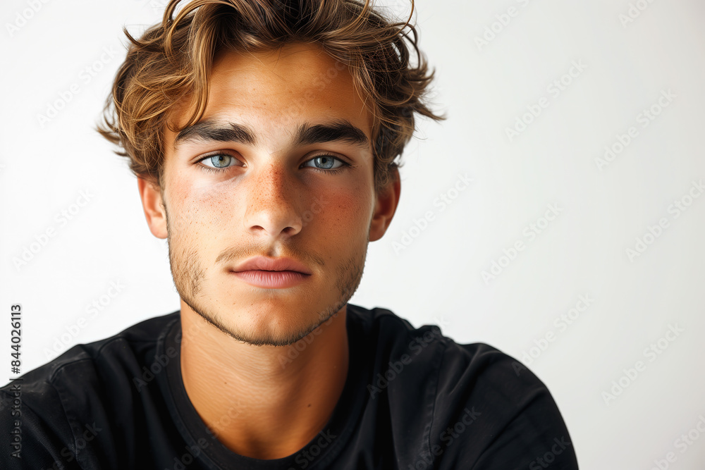 young man looking at the camera. Isolated on white background. serious face, wearing a black T-shirt