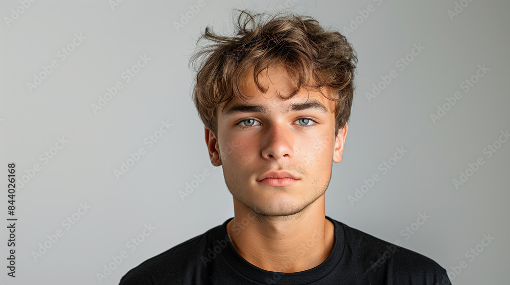 young man looking at the camera. Isolated on white background. serious face, wearing a black T-shirt young man looking at the camera. Isolated on white background. serious face, wearing a black T-shirt