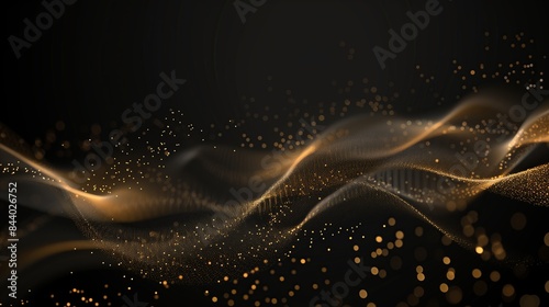 Black background, black and gold abstract lines of flowing smoke, with small golden dots scattered on the surface.