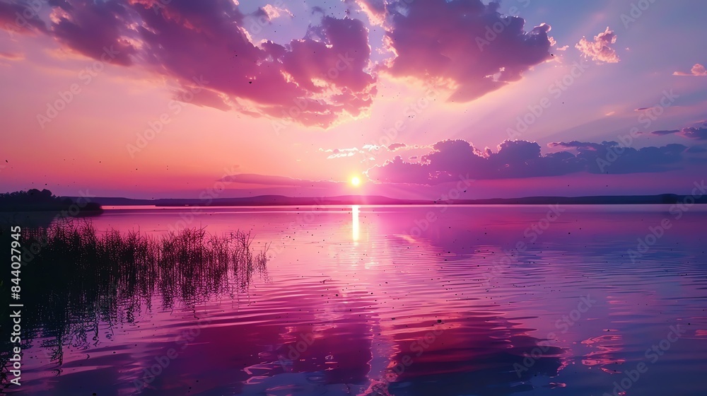 Tranquil lake at sunset. The sky is ablaze with color, and the water reflects the vibrant hues. The scene is one of peace and beauty.