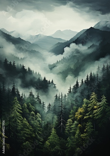 A serene painting of a misty pine forest set against a backdrop of mountains and cloudy skies capturing nature' beauty