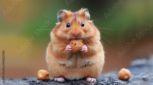 A cute hamster is sitting on a tree branch eating a cookie. The hamster is holding the cookie in its paws and looking at the camera. photo