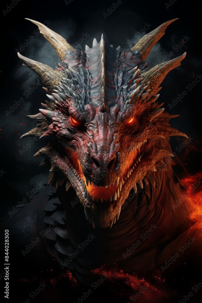 Close-up of a fierce dragon with glowing red eyes and detailed scales exuding power and menace against a dark backdrop Close-up of a fierce dragon with glowing red eyes and detailed scales exuding power and menace against a dark backdrop