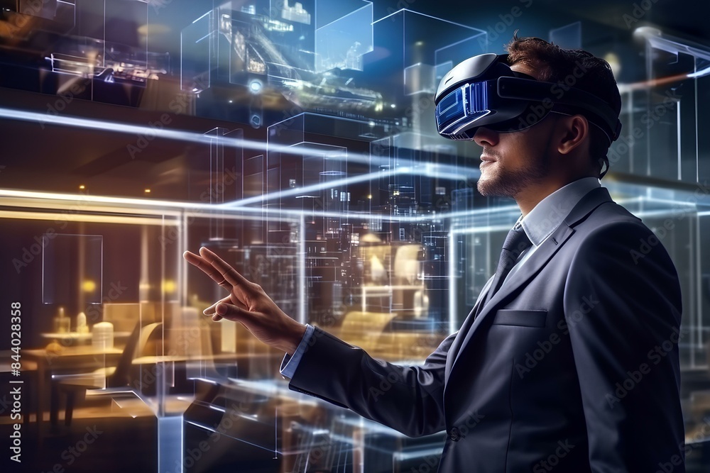 A man in a formal suit plays video game in a headset. Businessman wearing 3D virtual reality glasses. A man in a formal suit plays video game in a headset. Businessman wearing 3D virtual reality glasses.