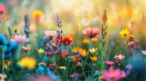 A beautiful field of flowers in full bloom. The colors are vibrant and the petals are delicate. The flowers are of all different shapes and sizes. © stocker
