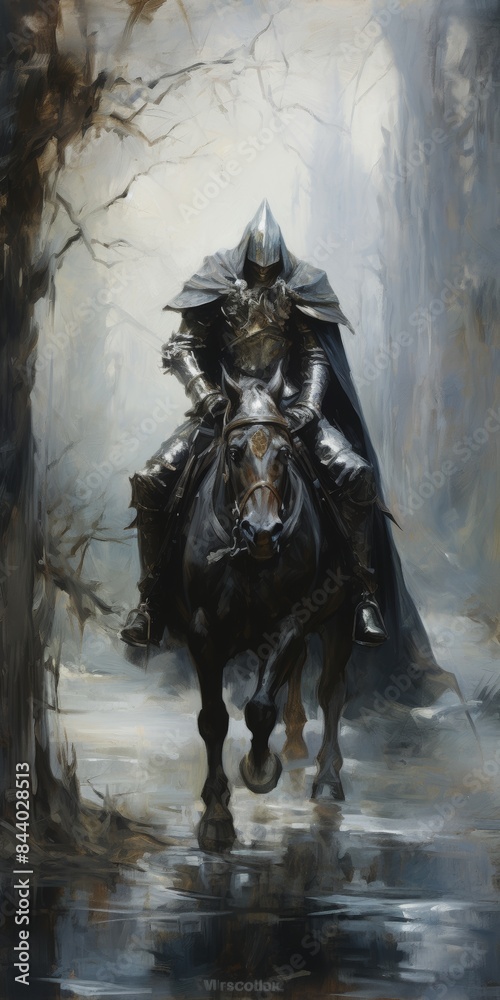 Fototapeta premium A mysterious dark knight clad in armor rides a black horse through a misty eerie forest exuding a sense of foreboding