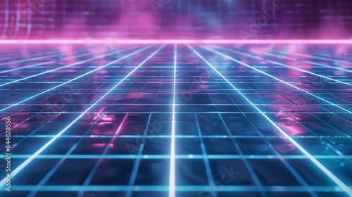 A retro-futuristic grid surface with glowing neon lines. The surface is made of reflective material  and the neon lines are reflected in the surface.