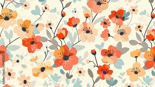 A beautiful floral pattern with a variety of flowers in shades of red, orange, and yellow. photo