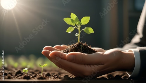 environment cooperation, unity of business people and community together protecting small sprout with hand, future environmental coservation and sustainable esg modernization development photo