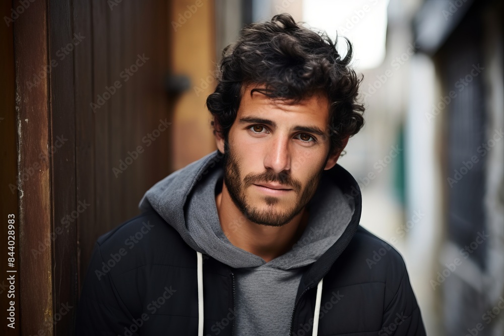 Portrait of a handsome young man with curly hair wearing a black jacket Portrait of a handsome young man with curly hair wearing a black jacket