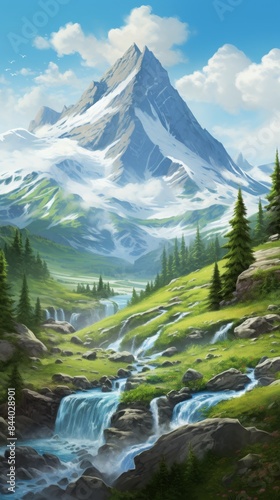 Mountain landscape featuring a snow-capped peak, lush green valleys and cascading waterfalls under a clear blue sky