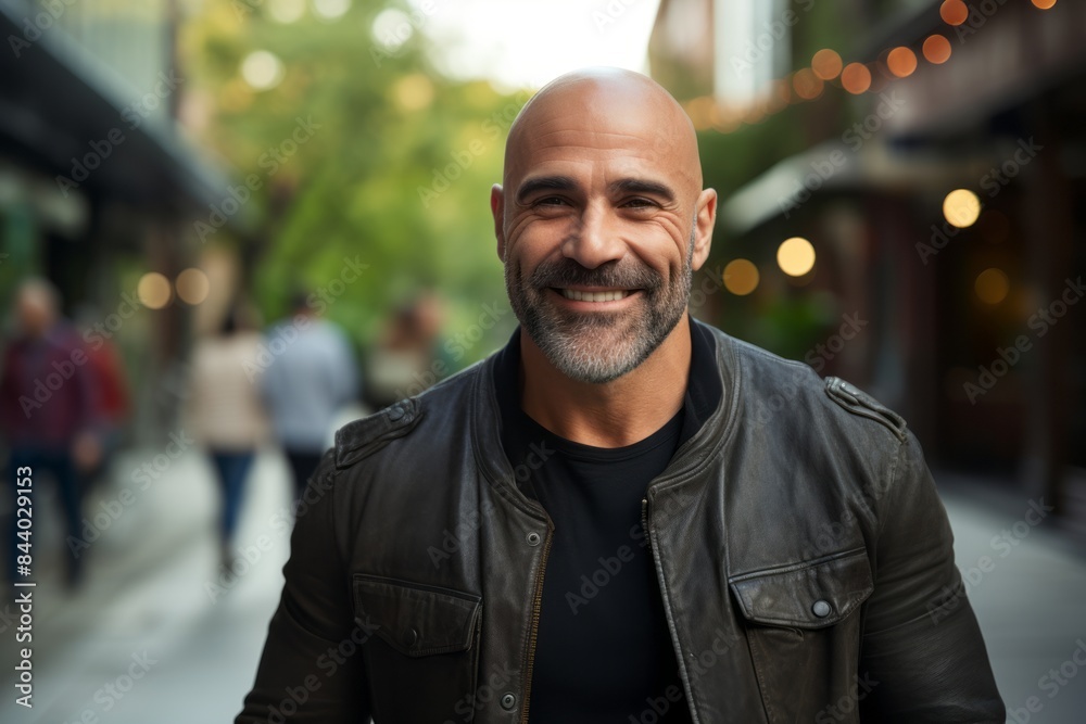 Portrait of a smiling middle-aged man in a leather jacket on a city street.