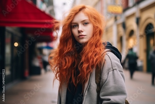 Portrait of a beautiful young redhead woman in the city.