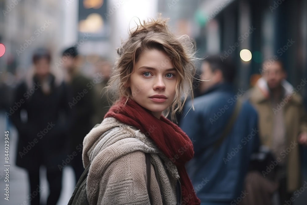 Fototapeta premium Portrait of a beautiful young woman in the city, looking at camera