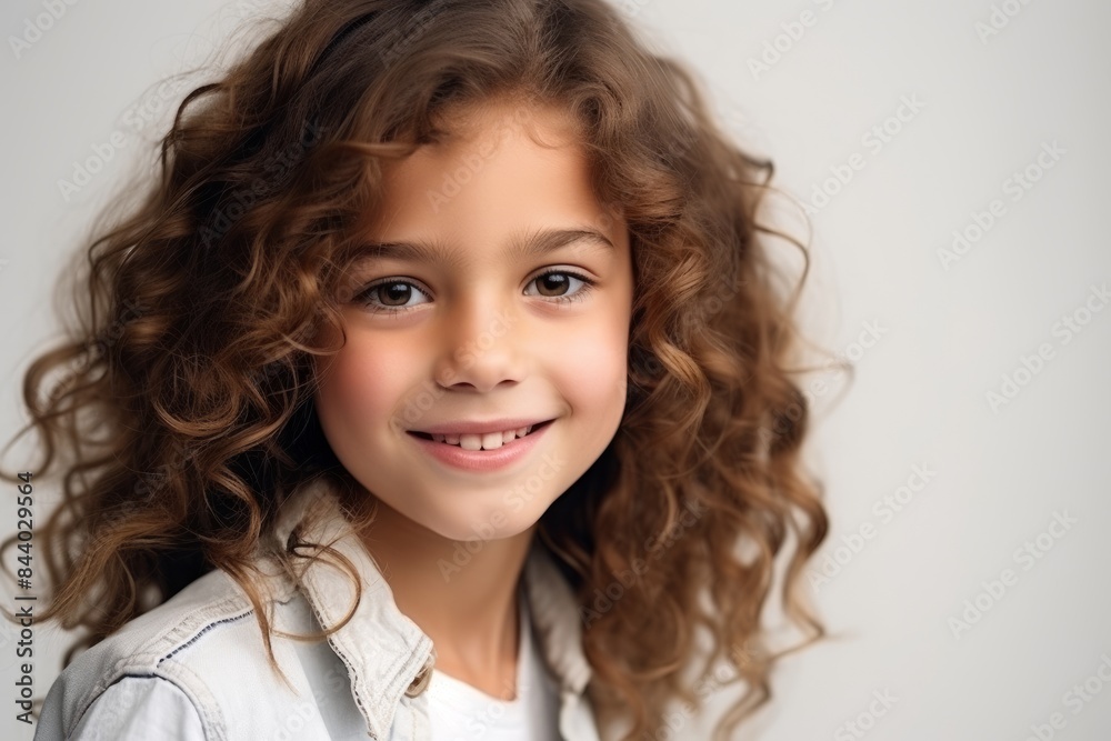 Portrait of a cute little girl with curly hair over gray background Portrait of a cute little girl with curly hair over gray background