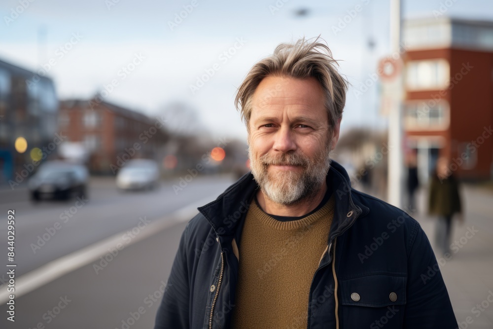Portrait of a handsome middle-aged man with gray beard and mustache in the city