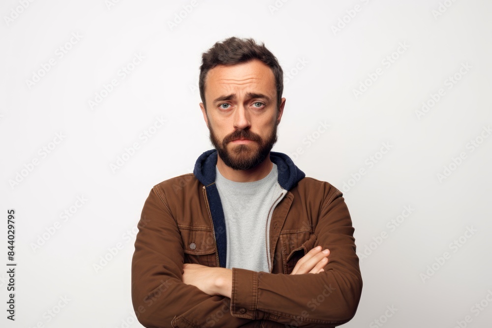 Portrait of a bearded man in a brown jacket on a white background Portrait of a bearded man in a brown jacket on a white background