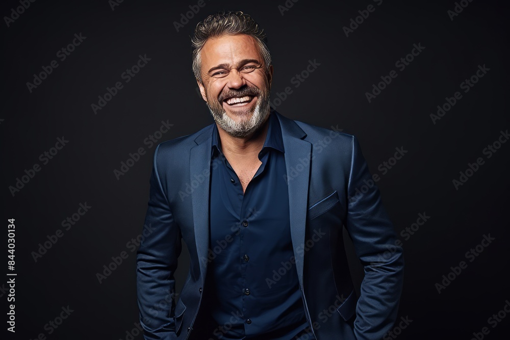 Obraz premium Portrait of a handsome mature man laughing while standing against black background