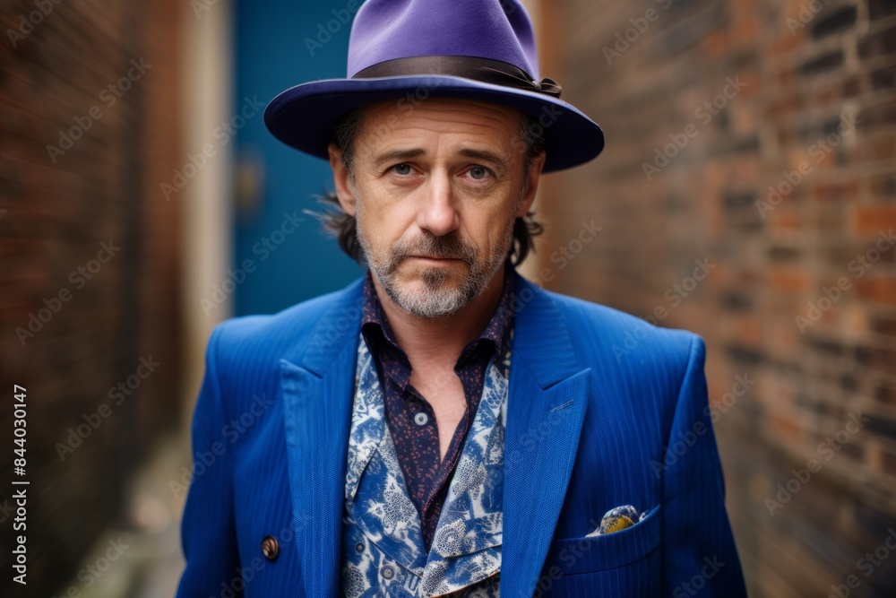 Portrait of a handsome middle aged man in a blue suit and hat Portrait of a handsome middle aged man in a blue suit and hat