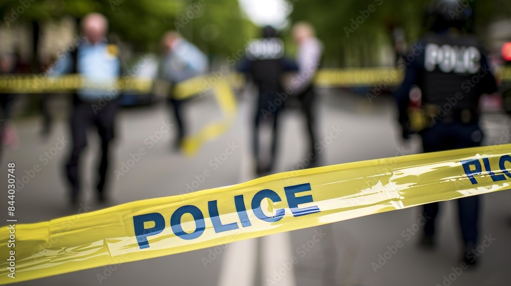 Yellow Police Tape In Front of Blurred Officers on a City Street
