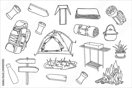 Hand drawn travel illustration. Outdoor camping doodle set. Glamping is a comfortable holiday. Gear for wild adventures. Simple vector doodle collection of campfire, tent, house, summer nights and bar