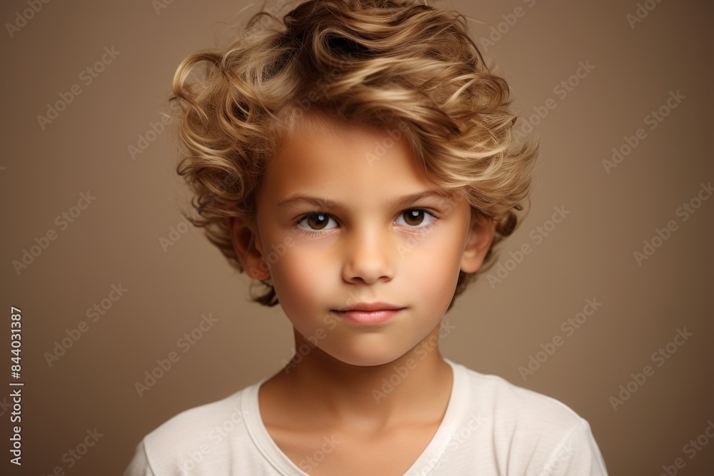Portrait of a cute little boy with blond curly hair. Studio shot.