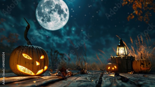 Spooky Halloween Night with Glowing Jack-o'-Lanterns, Generative AI photo