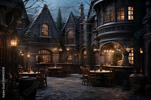 Night view of a restaurant in the old town. 3d rendering