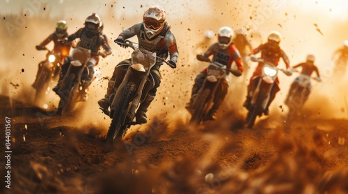 Motocross Race with Multiple Riders Kicking Up Dirt for Action and Sports Promotion