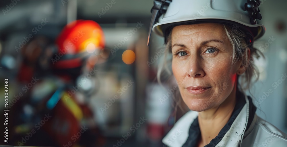 Confident Female Engineer in Helmet at Industrial Worksite Confident Female Engineer in Helmet at Industrial Worksite