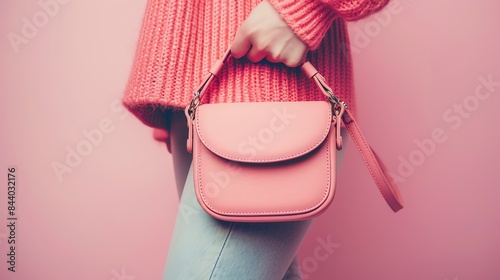 Fashionable woman wearing stylish pink sweater and blue jeans holding a pink handbag. photo