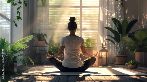 A young woman is sitting in a yoga pose in a bright, sunny room. She is wearing a white t-shirt and black leggings.