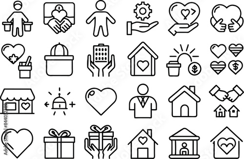 Charity & Volunteering related concept such as Heart, helping hand, donation box & many more editable stroke outline icons isolated on white background flat vector illustration
